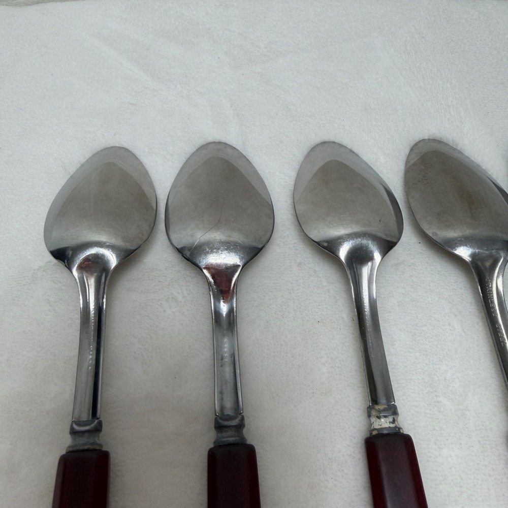 VTG Red Bakelite Handle Stainless Steel Spoons Set of 5 Mid-Century Art Deco - Picture 11 of 14